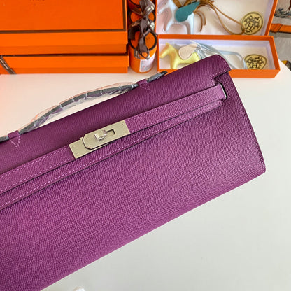 HERMES KELLY CUT 31 IN VIOLET PURPLE CALFSKIN WITH SILVER HARDWARE