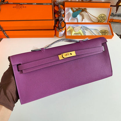 HERMES KELLY CUT 31 IN VIOLET PURPLE CALFSKIN WITH GOLD HARDWARE