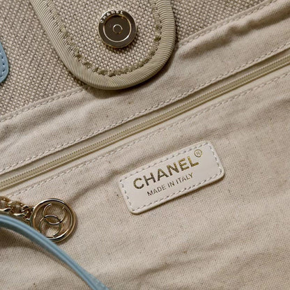 CHANEL DEAUVILLE LARGE 39 TOTE BAG IN BEIGE CANVAS WITH LIGHT BLUE CHAIN