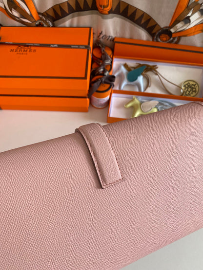HERMES JIGE ELAN 29 CLUTCH IN CREPE PINK CALFSKIN