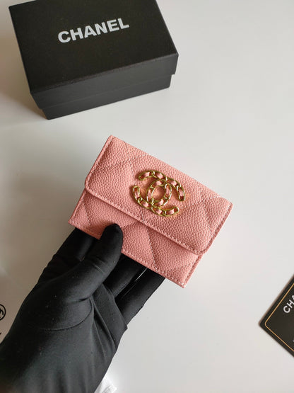 CHANEL TRIFOLD PURSE 12 PEACH GRAINED CALFSKIN GOLD ICON