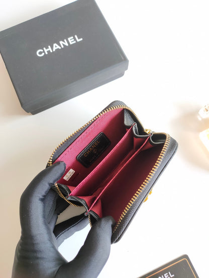 CHANEL BOY ZIP COIN PURSE 11.5 BLACK CALFSKIN GOLD ICON