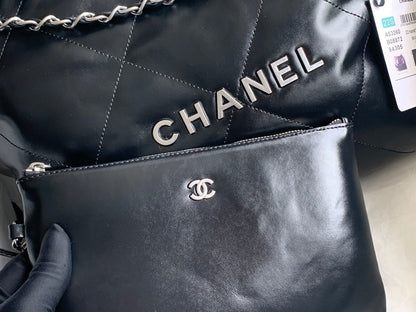 CHANEL MEDIUM 37 HANDBAG IN BLACK SHINY CALFSKIN SILVER HARDWARE