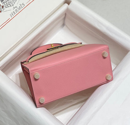 HERMES KELLY MINI 20 BAG IN ROUGE PINK CALFSKIN WITH GOLD HARDWARE