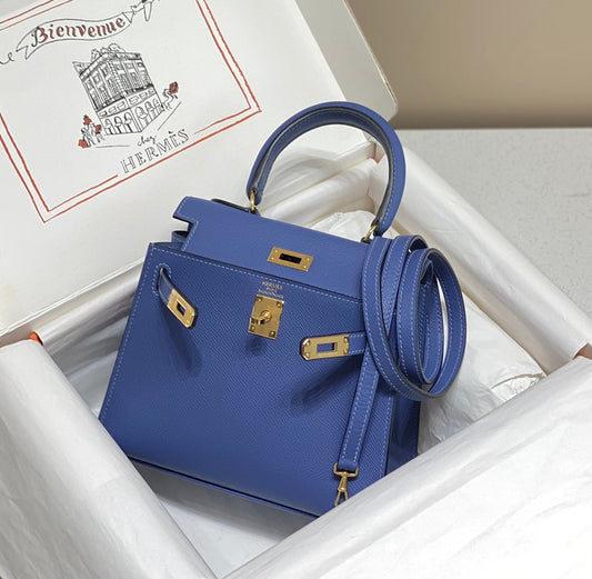 HERMES KELLY MINI 20 BAG IN AZURE BLUE CALFSKIN WITH GOLD HARDWARE