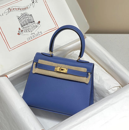 HERMES KELLY MINI 20 BAG IN AZURE BLUE CALFSKIN WITH GOLD HARDWARE