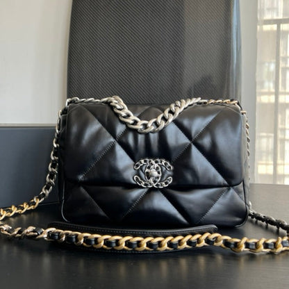 CHANEL 19 FLAP BAG 30 BLACK GOATSKIN RUTHENIUM HARDWARE