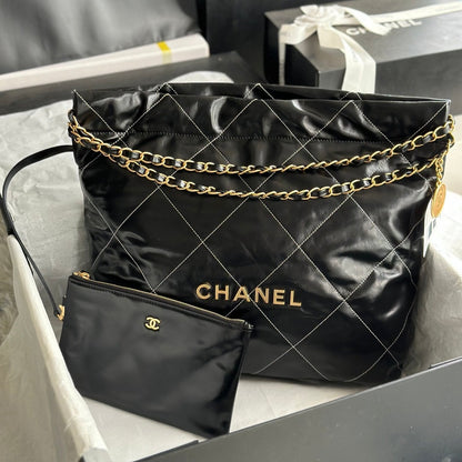 CHANEL LARGE 42 HANDBAG IN BLACK SHINY CALFSKIN GOLD HARDWARE