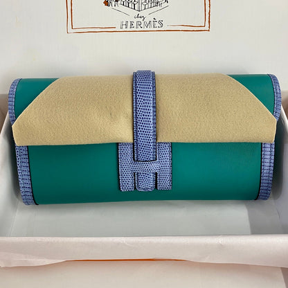 HERMES JIGE ELAN 29 CLUTCH IN TEAL GREEN CALFSKIN WITH ROYAL BLUE LIZARD SKIN