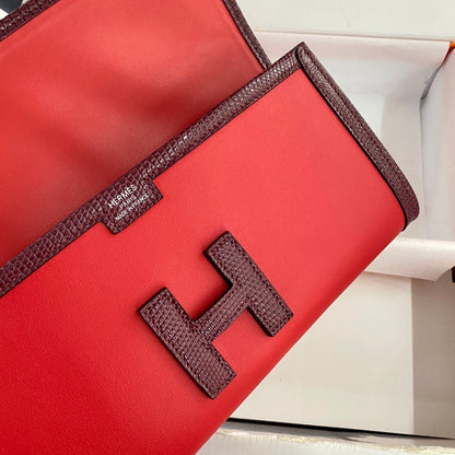 HERMES JIGE ELAN 29 CLUTCH IN CANDY RED CALFSKIN WITH WINE RED LIZARD SKIN