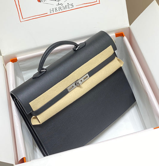 HERMES KELLY DEPECHES 38 BRIEFCASE IN BLACK TOGO CALFSKIN SILVER HARDWARE