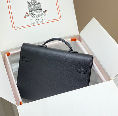 HERMES KELLY DEPECHES 38 BRIEFCASE IN BLACK TOGO CALFSKIN SILVER HARDWARE