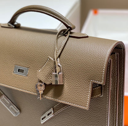 HERMES KELLY DEPECHES 34 BRIEFCASE IN ETOUPE TOGO CALFSKIN SILVER HARDWARE