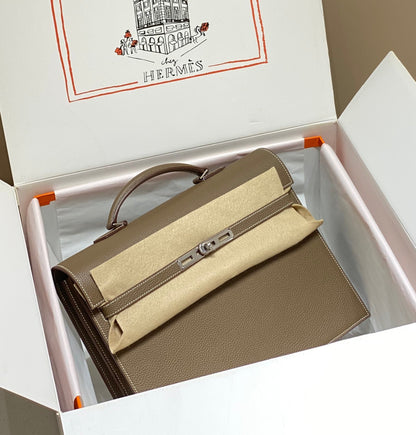 HERMES KELLY DEPECHES 34 BRIEFCASE IN ETOUPE TOGO CALFSKIN SILVER HARDWARE