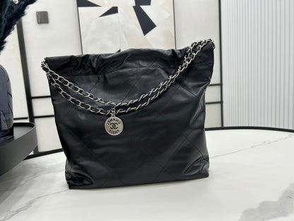 CHANEL MEDIUM 37 HANDBAG IN BLACK CALFSKIN SILVER HARDWARE