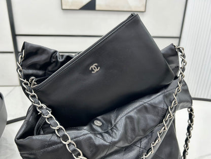 CHANEL MEDIUM 37 HANDBAG IN BLACK CALFSKIN SILVER HARDWARE