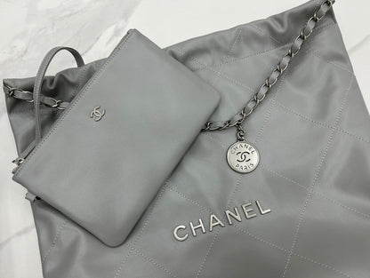 CHANEL LARGE 42 HANDBAG IN GREY CALFSKIN SILVER HARDWARE