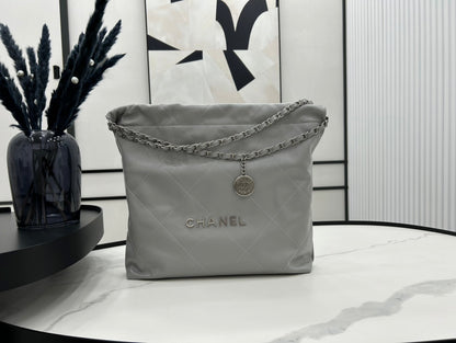 CHANEL LARGE 42 HANDBAG IN GREY CALFSKIN SILVER HARDWARE