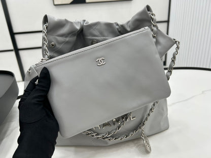 CHANEL MEDIUM 37 HANDBAG IN GREY CALFSKIN SILVER HARDWARE