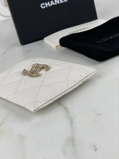 CHANEL CARD HOLDER 19.5 WHITE GRAINED CALFSKIN GOLD ICON