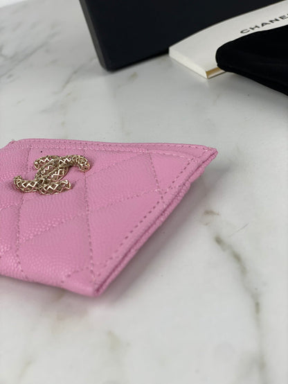 CHANEL CARD HOLDER 19.5 PINK GRAINED CALFSKIN GOLD ICON