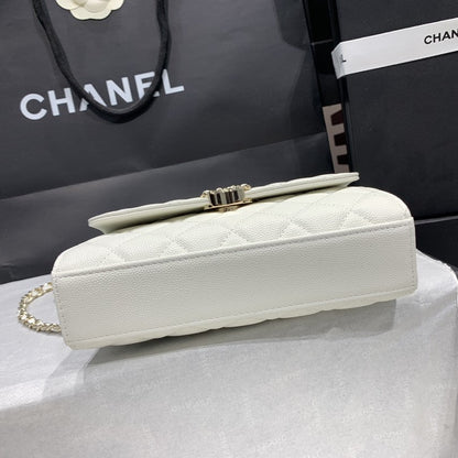 CHANEL 23P Flap Bag 19cm White Caviar Gold Hardware