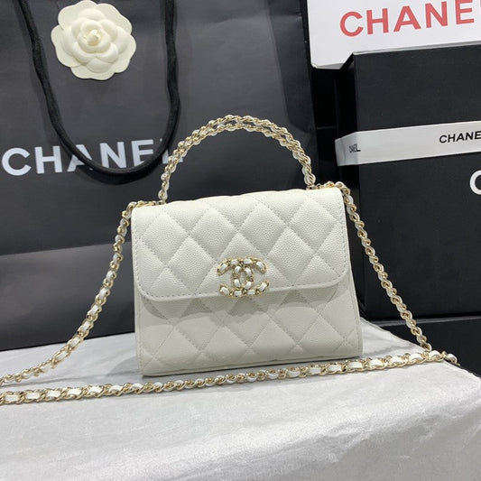 CHANEL 23P Flap Bag 15cm White Caviar Gold Hardware