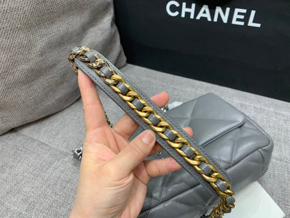 CHANEL 19 FLAP BAG 26 DARK GREY GOATSKIN SILVER HARDWARE