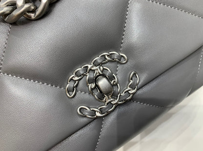 CHANEL 19 FLAP BAG 26 DARK GREY GOATSKIN SILVER HARDWARE