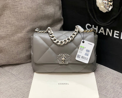 CHANEL 19 FLAP BAG 26 DARK GREY GOATSKIN SILVER HARDWARE