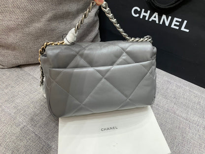 CHANEL 19 FLAP BAG 26 DARK GREY GOATSKIN SILVER HARDWARE