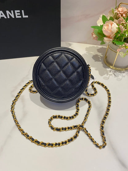 CHANEL MINI 12 ROUND CHAIN BAG IN BLACK CALFSKIN GOLD HARDWARE