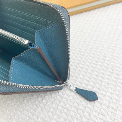 HERMES SILK'IN HOLED CLASSIC WALLET 20 CERULEAN GRAINED CALFSKIN