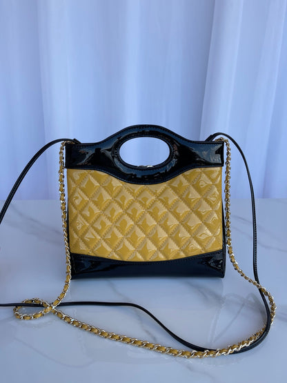 CHANEL MINI 23 SHOPPING BAG IN GLOSSY BLACK MIX MUSTARD YELLOW CALFSKIN
