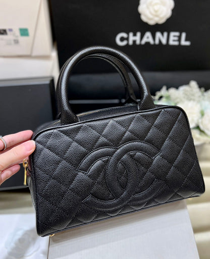 CHANEL 25S  QUILTED CAVIAR BOWLING BAG 27 IN BLACK CALFSKIN