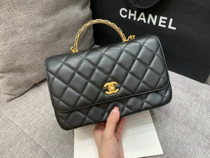 CHANEL SMALL FLAP BAG 24CM TOP HANDLE BLACK LAMBSKIN GOLD HARDWARE