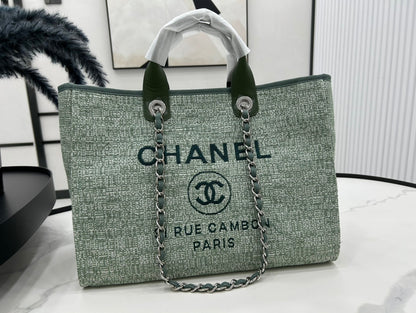CHANEL DEAUVILLE LARGE 38 TOTE BAG IN LIGHT GREEN CANVAS