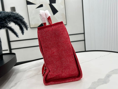 CHANEL DEAUVILLE LARGE 38 TOTE BAG IN CHERRY RED CANVAS WITH WHITE LOGO