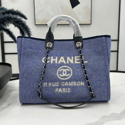CHANEL DEAUVILLE LARGE 38 TOTE BAG IN VIOLET PURPLE CANVAS WITH WHITE LOGO