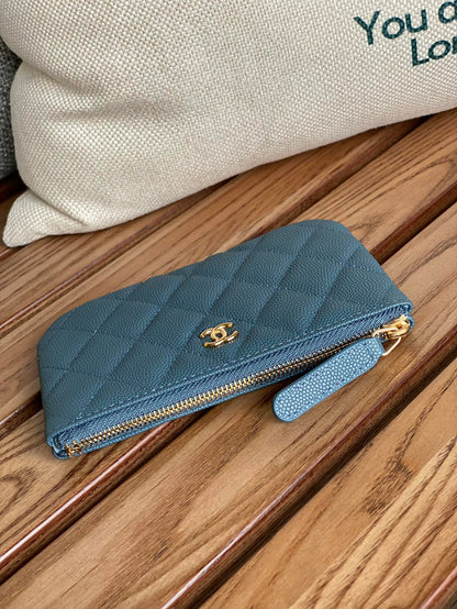 CHANEL CLASSIC SMALL 15 ZIPPED POUCH IN TEAL GREEN GRAINED CALFSKIN