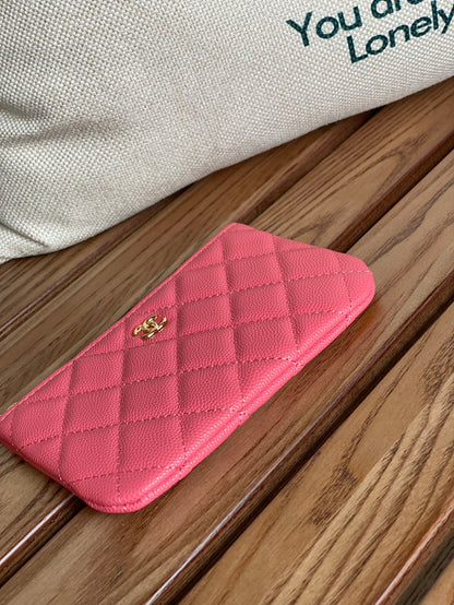 CHANEL CLASSIC SMALL 15 ZIPPED POUCH IN BLUSH RED GRAINED CALFSKIN