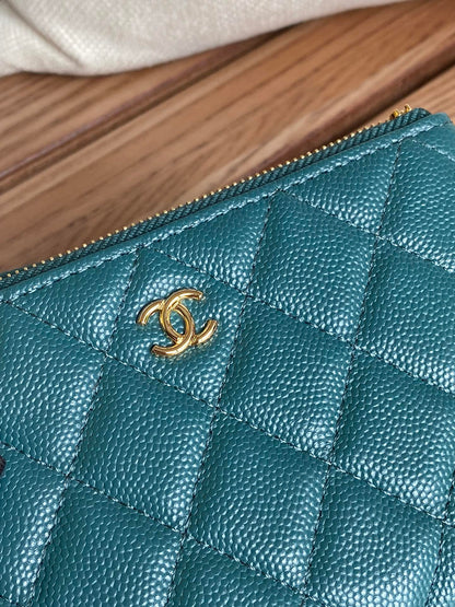 CHANEL CLASSIC SMALL 15 ZIPPED POUCH IN PINE GREEN GRAINED CALFSKIN