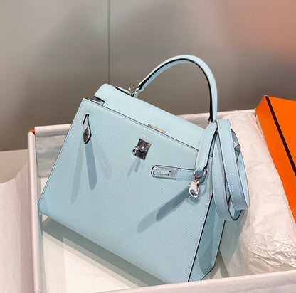 HERMES KELLY 25CM IN BLUE BRUME EPSOM CALFSKIN PALLADIUM HARDWARE