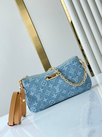 LOUIS VUITTON LIV POCHETTE 24 IN BLUE MONOGRAM DENIM GOLD HARDWARE