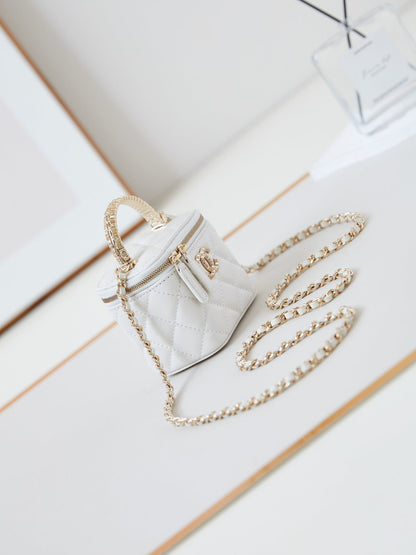 CHANEL 25S MINI VANITY BAG 11 CM IN WHITE LAMBSKIN WITH CRYSTAL-EMBELLISHED  LOGO