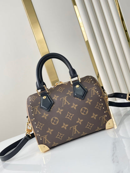 LOUIS VUITTON SPEEDY TRUNK 20 IN BROWN MONOGRAM CANVAS AND BLACK CALFSKIN TRIM GOLD BUCKLE