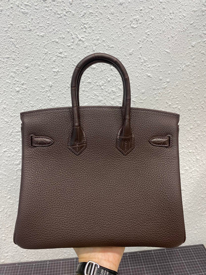 HERMES BIRKIN 25CM CAFE CROCODILE AND TOGO LEATHER SILVER HARDWARE