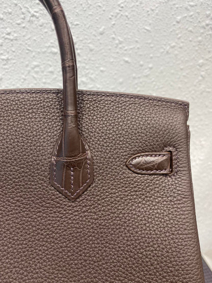 HERMES BIRKIN 25CM CAFE CROCODILE AND TOGO LEATHER SILVER HARDWARE