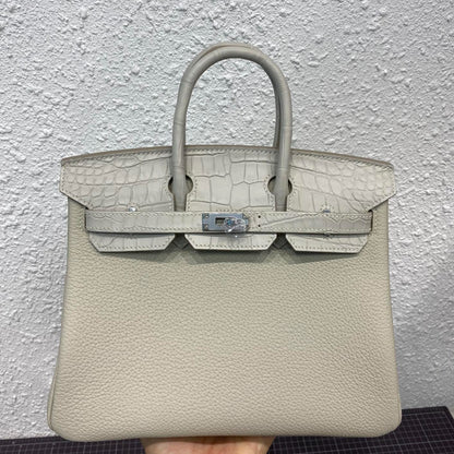 HERMES BIRKIN 25CM GRIS PERLE CROCODILE AND TOGO LEATHER SILVER HARDWARE