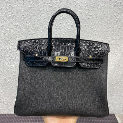 HERMES BIRKIN 25CM BLACK CROCODILE AND TOGO LEATHER GOLD HARDWARE
